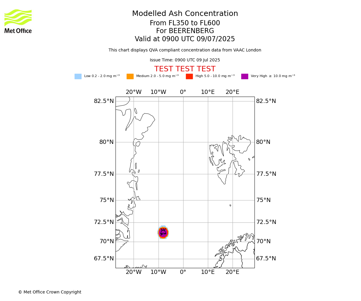 Modelled ash concentration from 350 to 600 for BEERENBERG. Valid at 0900 UTC 09/07/2025