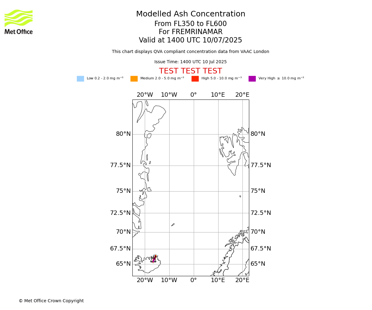 Modelled ash concentration from 350 to 600 for FREMRINAMAR. Valid at 1400 UTC 10/07/2025