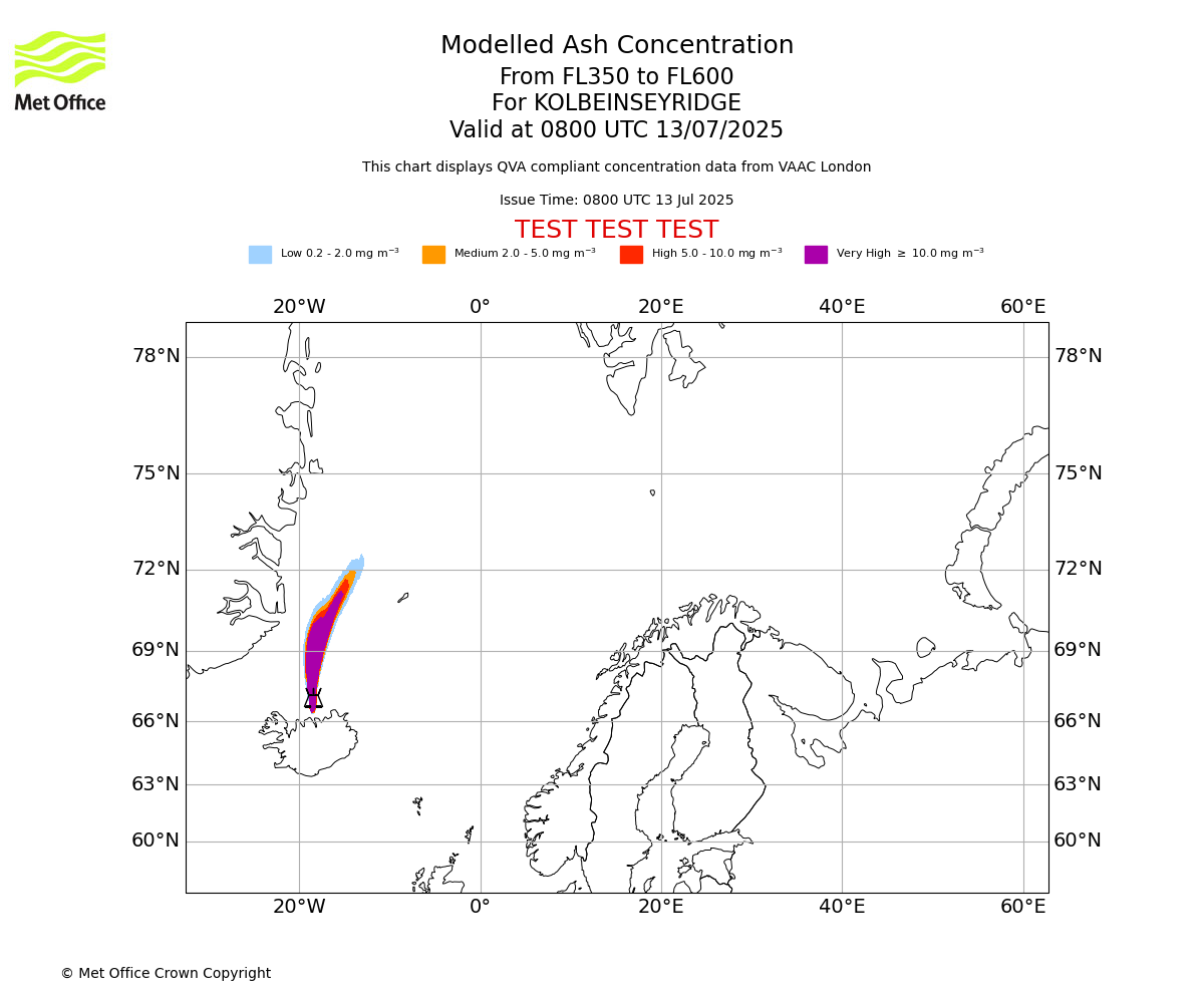 Modelled ash concentration from 350 to 600 for KOLBEINSEYRIDGE. Valid at 0800 UTC 13/07/2025