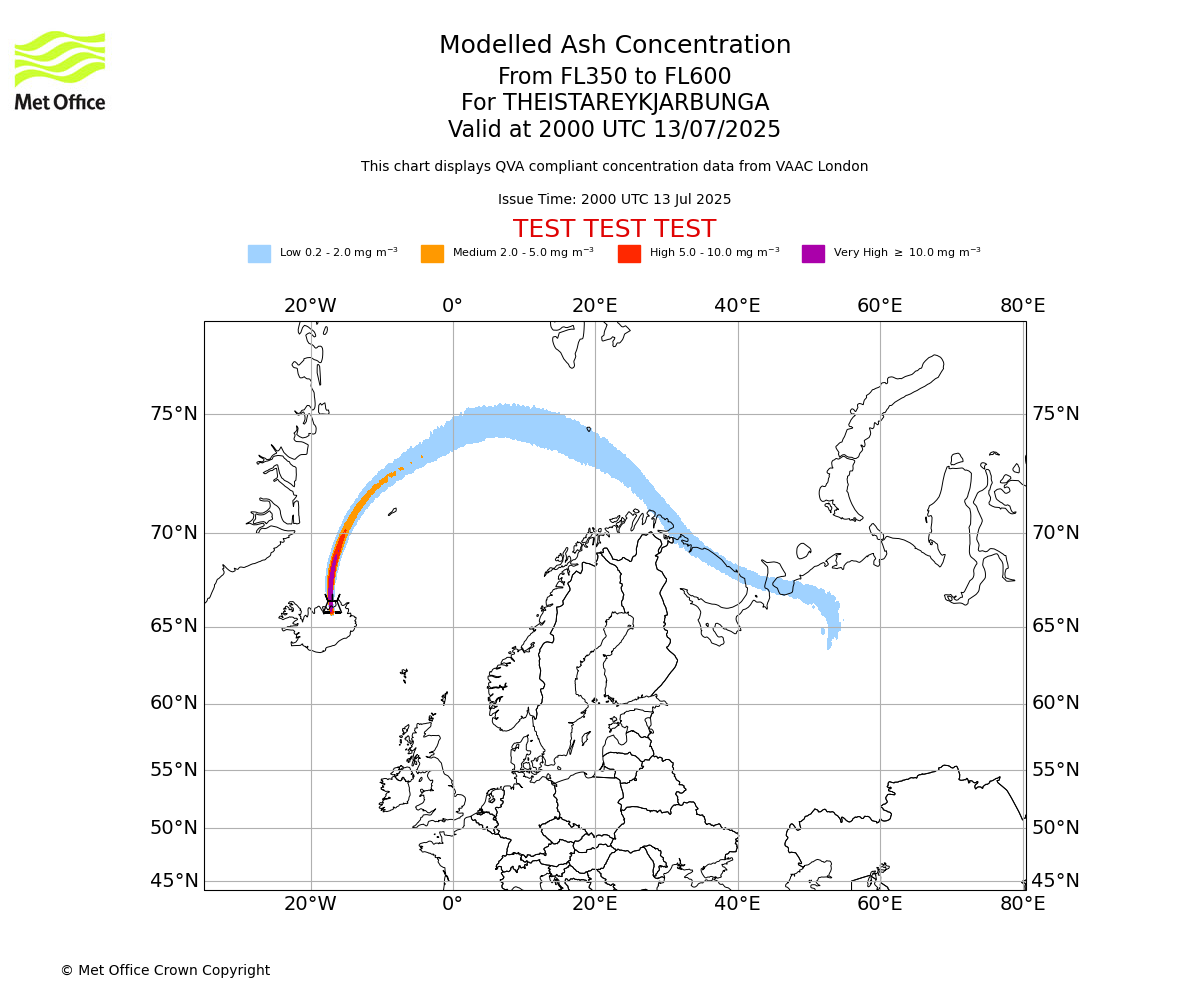 Modelled ash concentration from 350 to 600 for THEISTAREYKJARBUNGA. Valid at 2000 UTC 13/07/2025