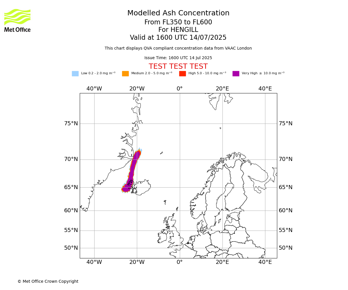 Modelled ash concentration from 350 to 600 for HENGILL. Valid at 1600 UTC 14/07/2025