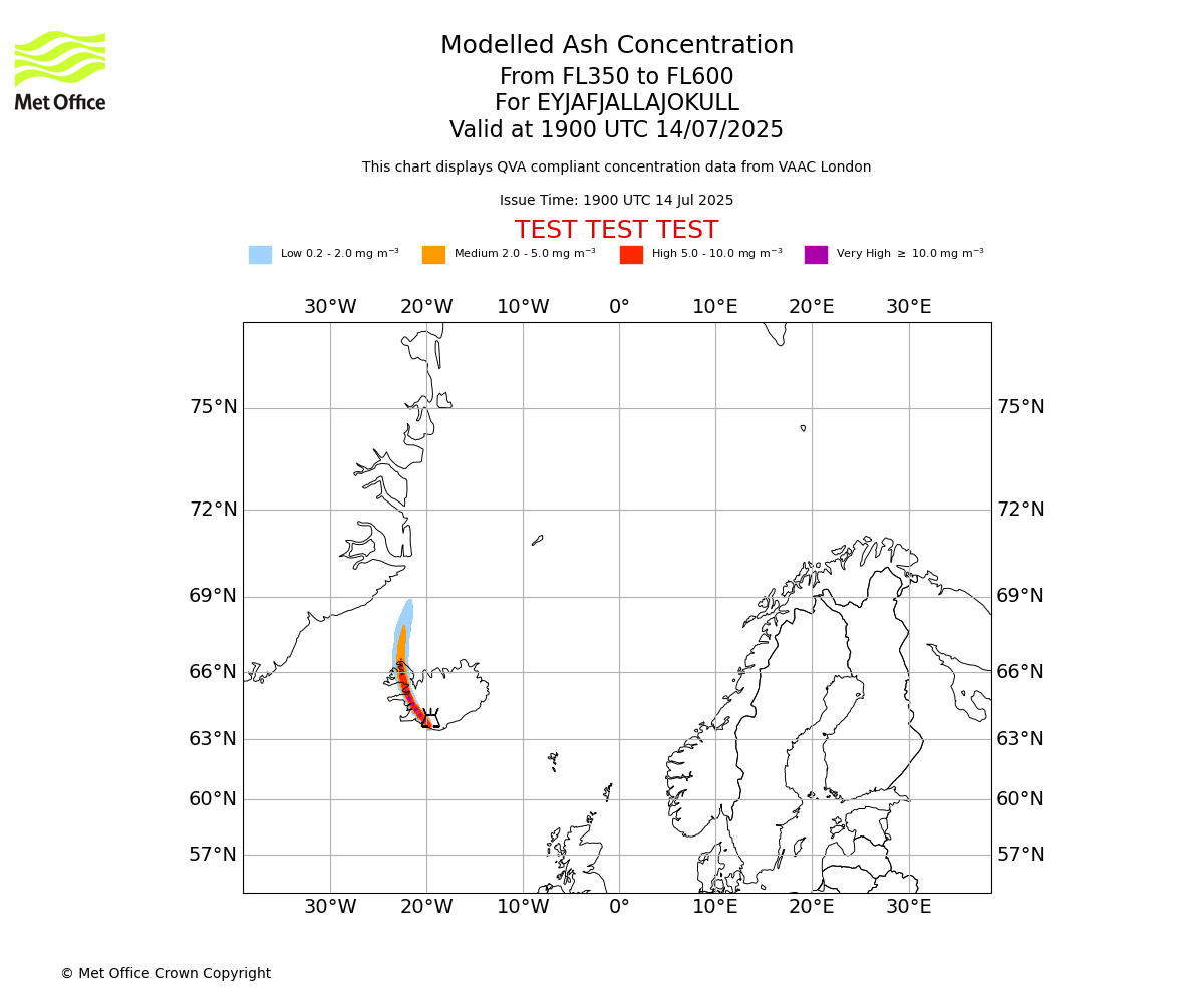 Modelled ash concentration from 350 to 600 for EYJAFJALLAJOKULL. Valid at 1900 UTC 14/07/2025