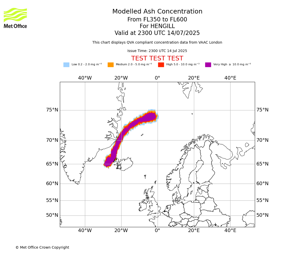 Modelled ash concentration from 350 to 600 for HENGILL. Valid at 2300 UTC 14/07/2025