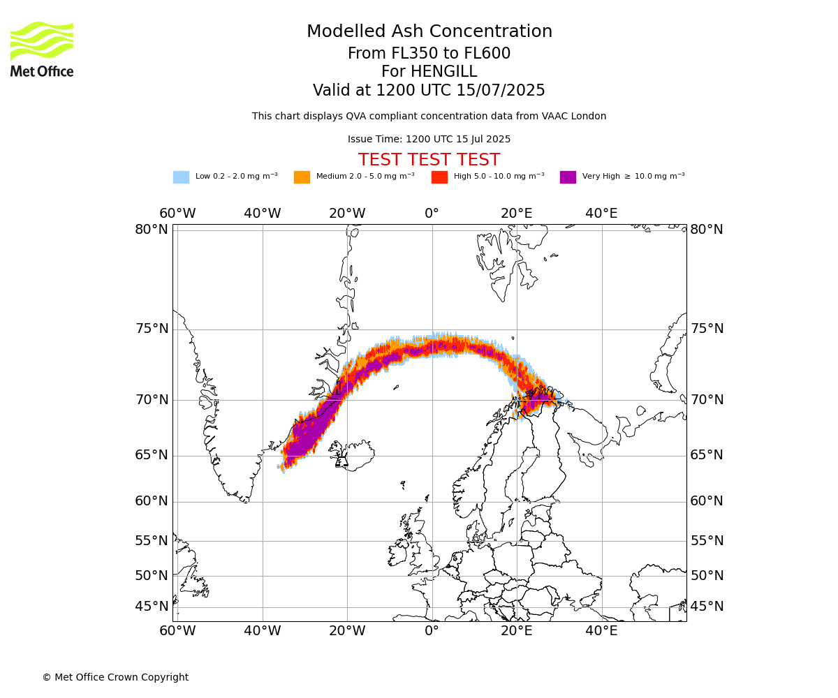 Modelled ash concentration from 350 to 600 for HENGILL. Valid at 1200 UTC 15/07/2025