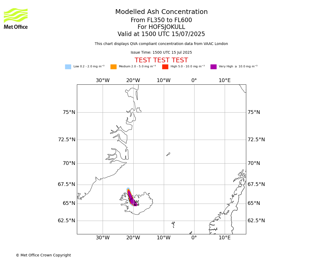 Modelled ash concentration from 350 to 600 for HOFSJOKULL. Valid at 1500 UTC 15/07/2025