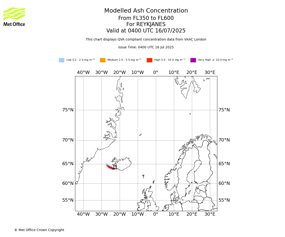 Modelled ash concentration from 350 to 600 for REYKJANES. Valid at 0400 UTC 16/07/2025