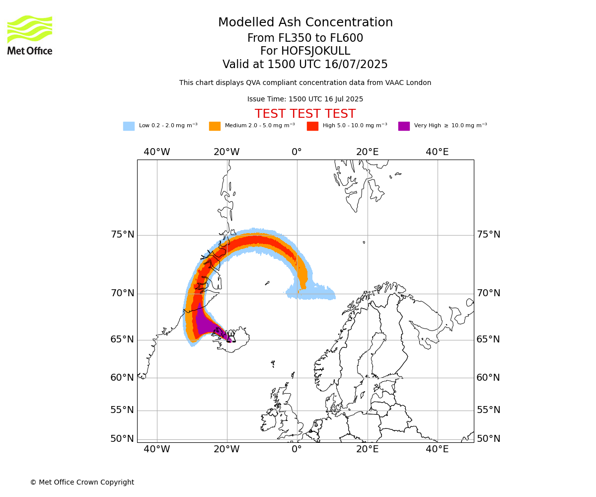 Modelled ash concentration from 350 to 600 for HOFSJOKULL. Valid at 1500 UTC 16/07/2025