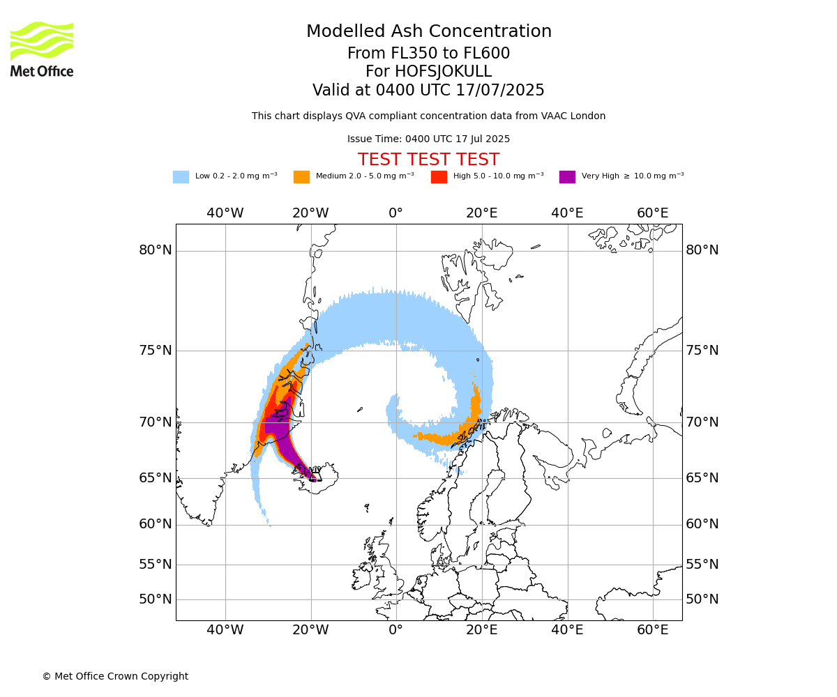 Modelled ash concentration from 350 to 600 for HOFSJOKULL. Valid at 0400 UTC 17/07/2025