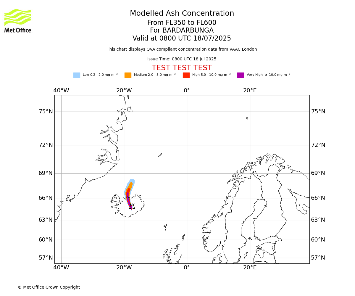 Modelled ash concentration from 350 to 600 for BARDARBUNGA. Valid at 0800 UTC 18/07/2025