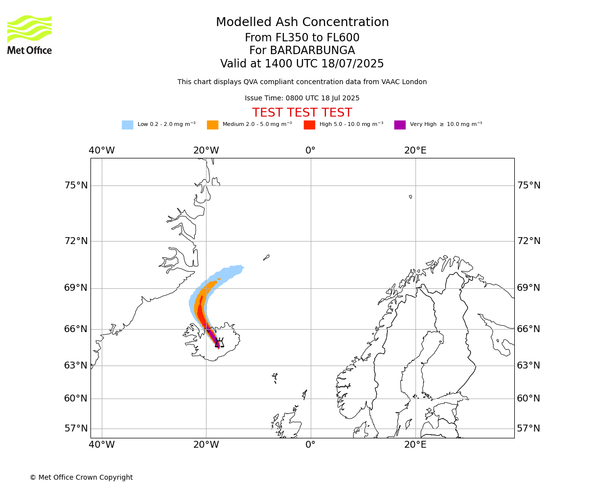 Modelled ash concentration from 350 to 600 for BARDARBUNGA. Valid at 1400 UTC 18/07/2025