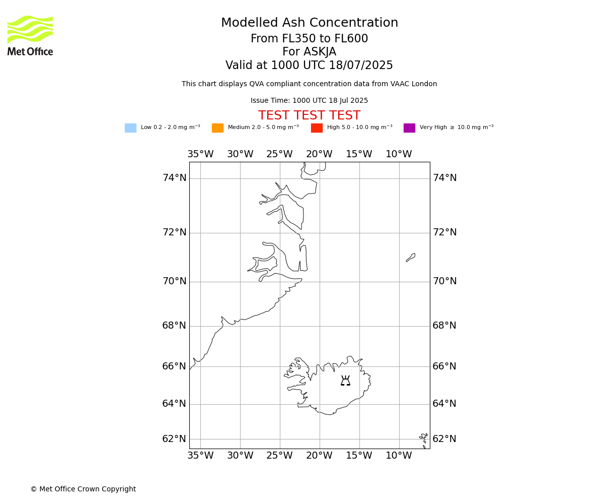 Modelled ash concentration from 350 to 600 for ASKJA. Valid at 1000 UTC 18/07/2025