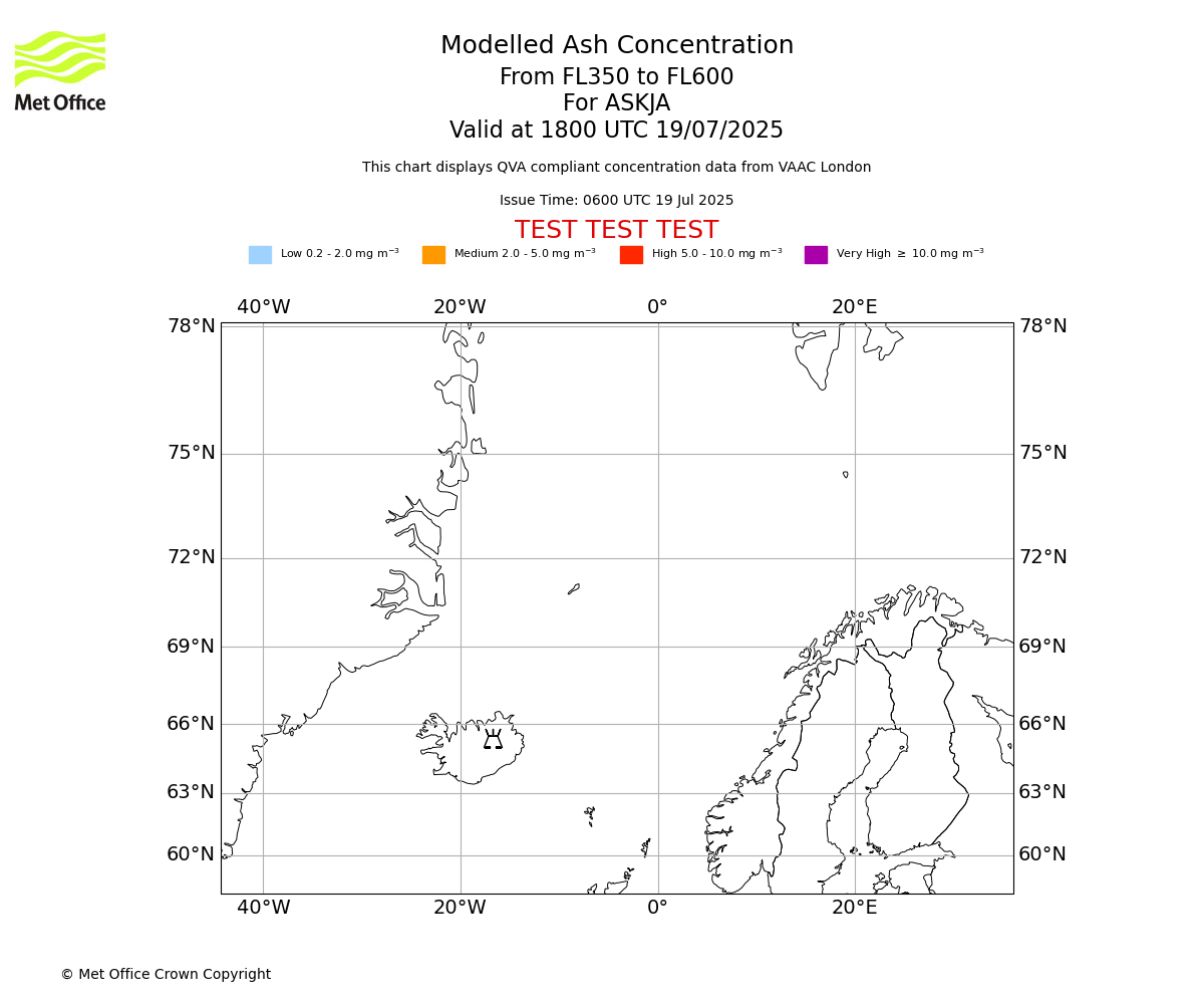 Modelled ash concentration from 350 to 600 for ASKJA. Valid at 1800 UTC 19/07/2025