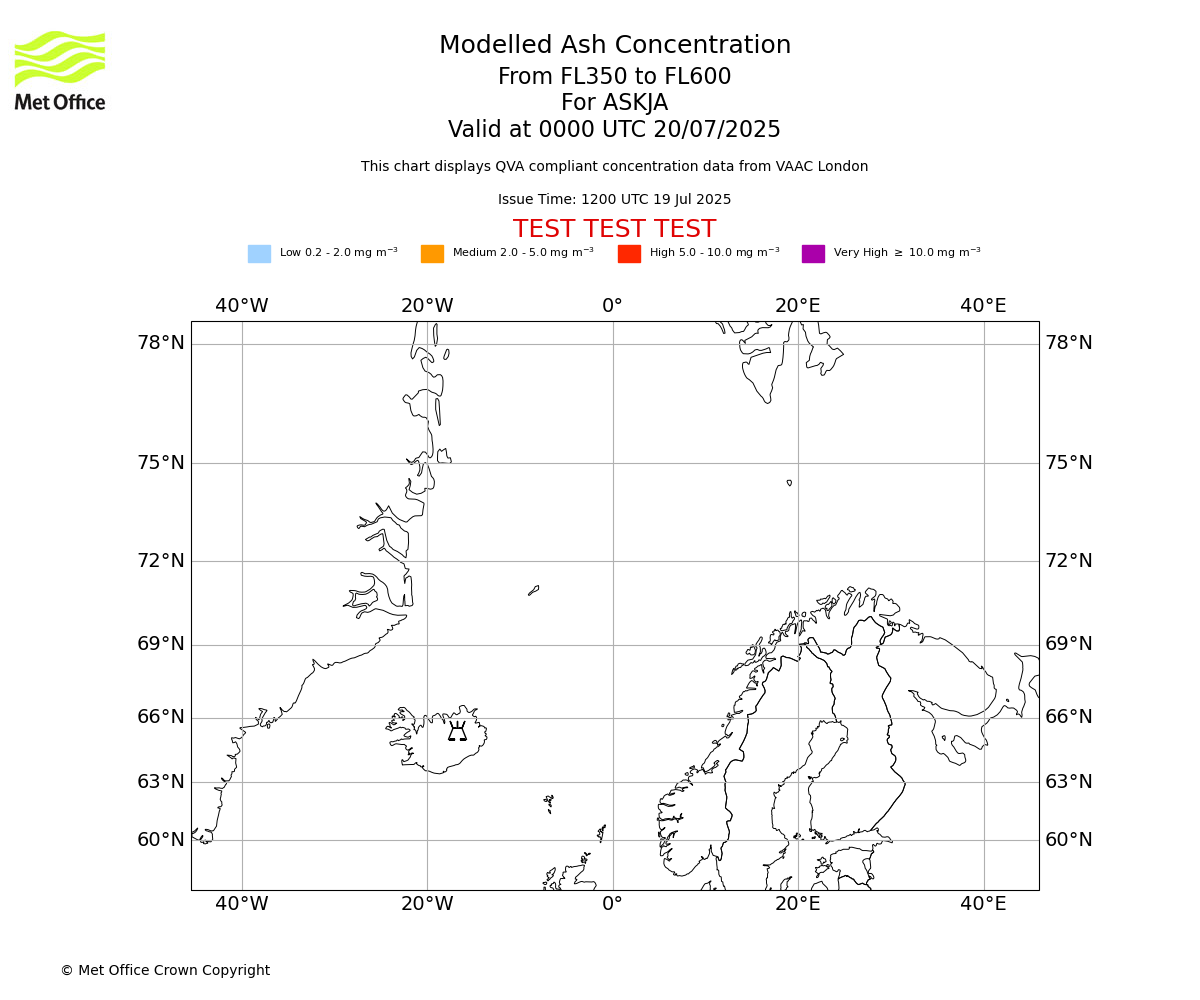 Modelled ash concentration from 350 to 600 for ASKJA. Valid at 0000 UTC 20/07/2025