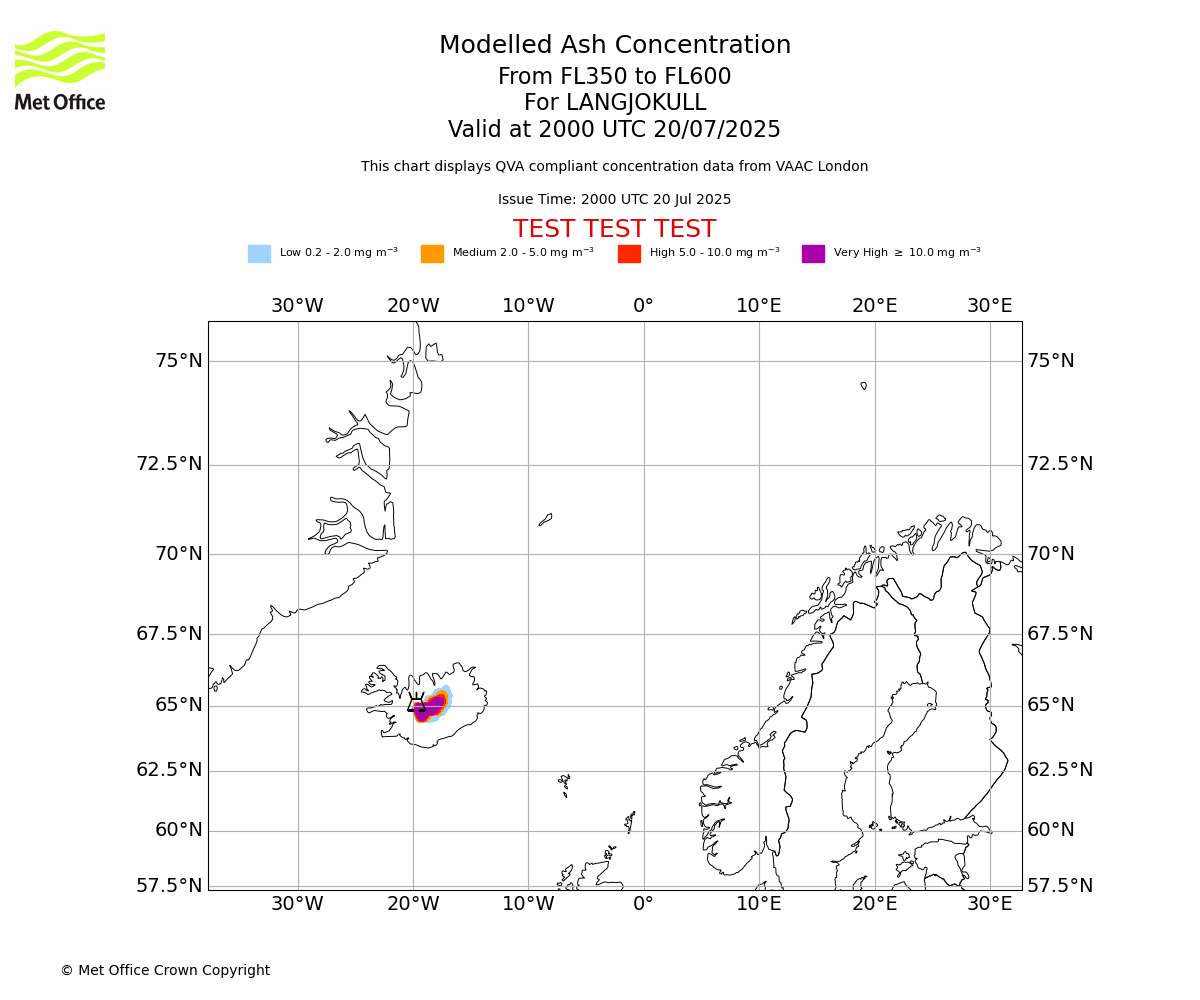 Modelled ash concentration from 350 to 600 for LANGJOKULL. Valid at 2000 UTC 20/07/2025