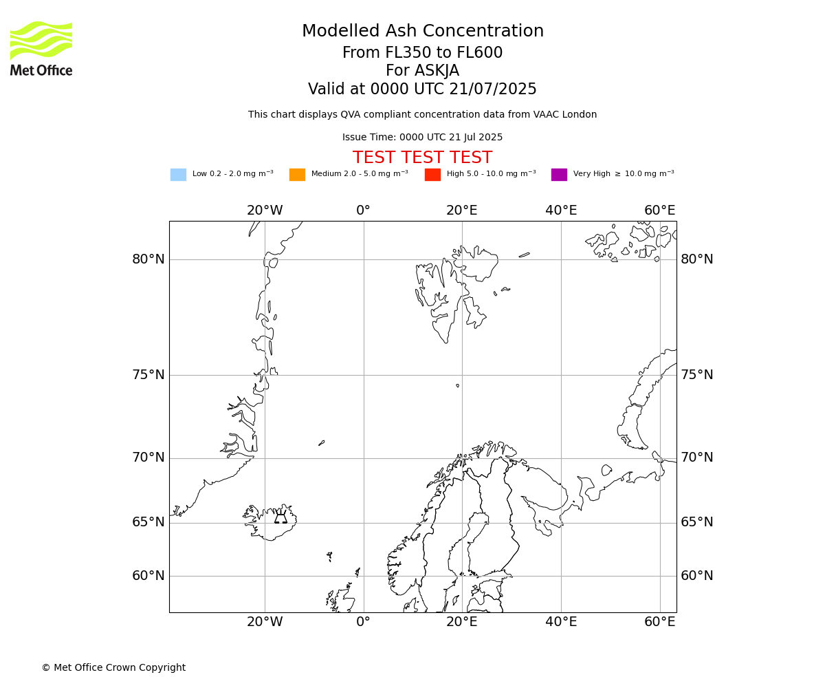 Modelled ash concentration from 350 to 600 for ASKJA. Valid at 0000 UTC 21/07/2025