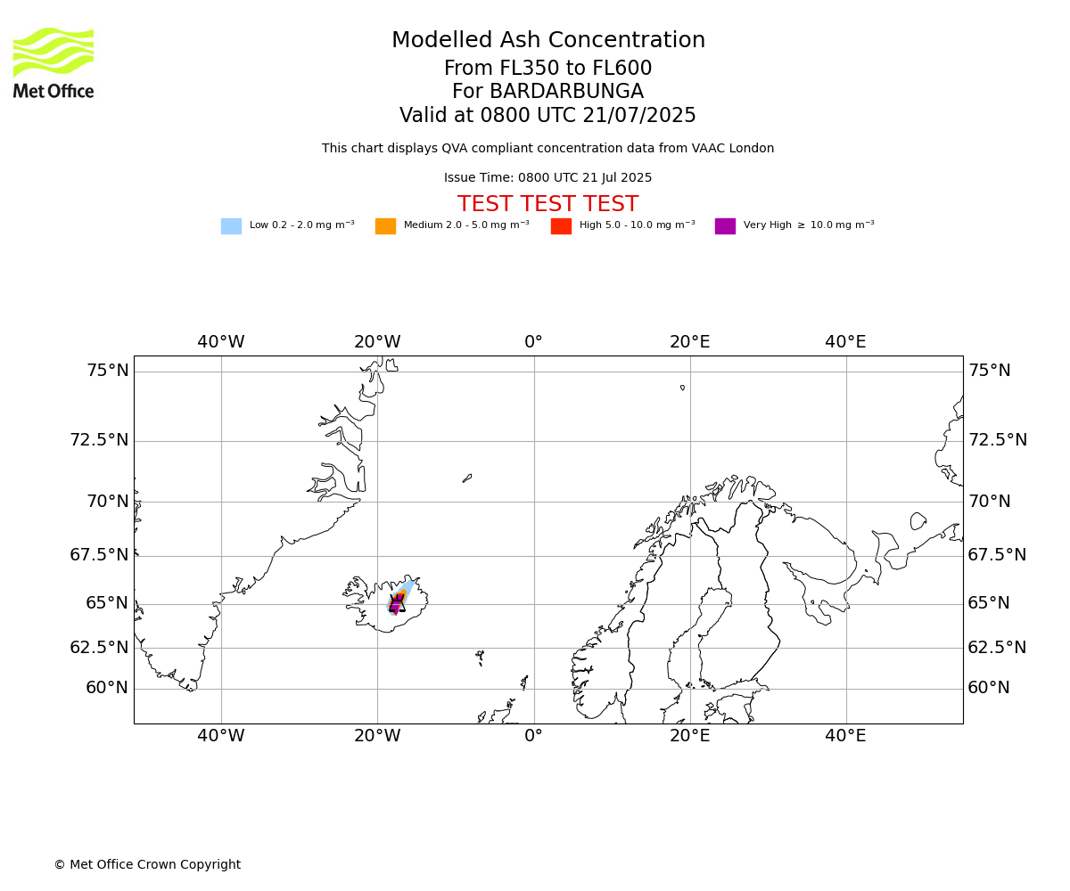 Modelled ash concentration from 350 to 600 for BARDARBUNGA. Valid at 0800 UTC 21/07/2025