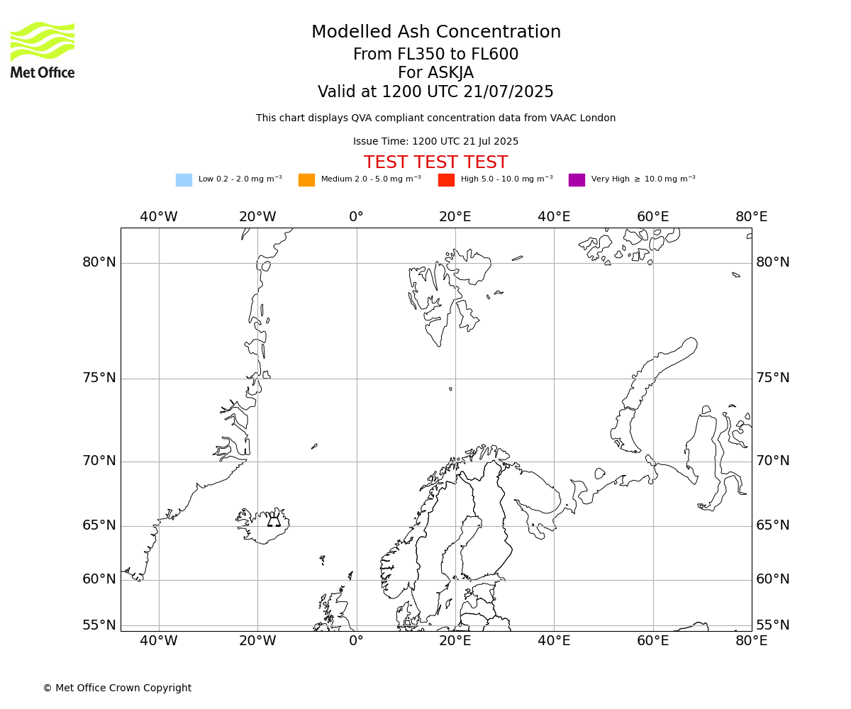 Modelled ash concentration from 350 to 600 for ASKJA. Valid at 1200 UTC 21/07/2025