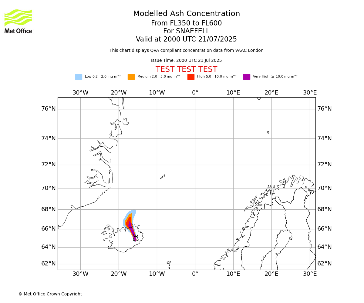 Modelled ash concentration from 350 to 600 for SNAEFELL. Valid at 2000 UTC 21/07/2025