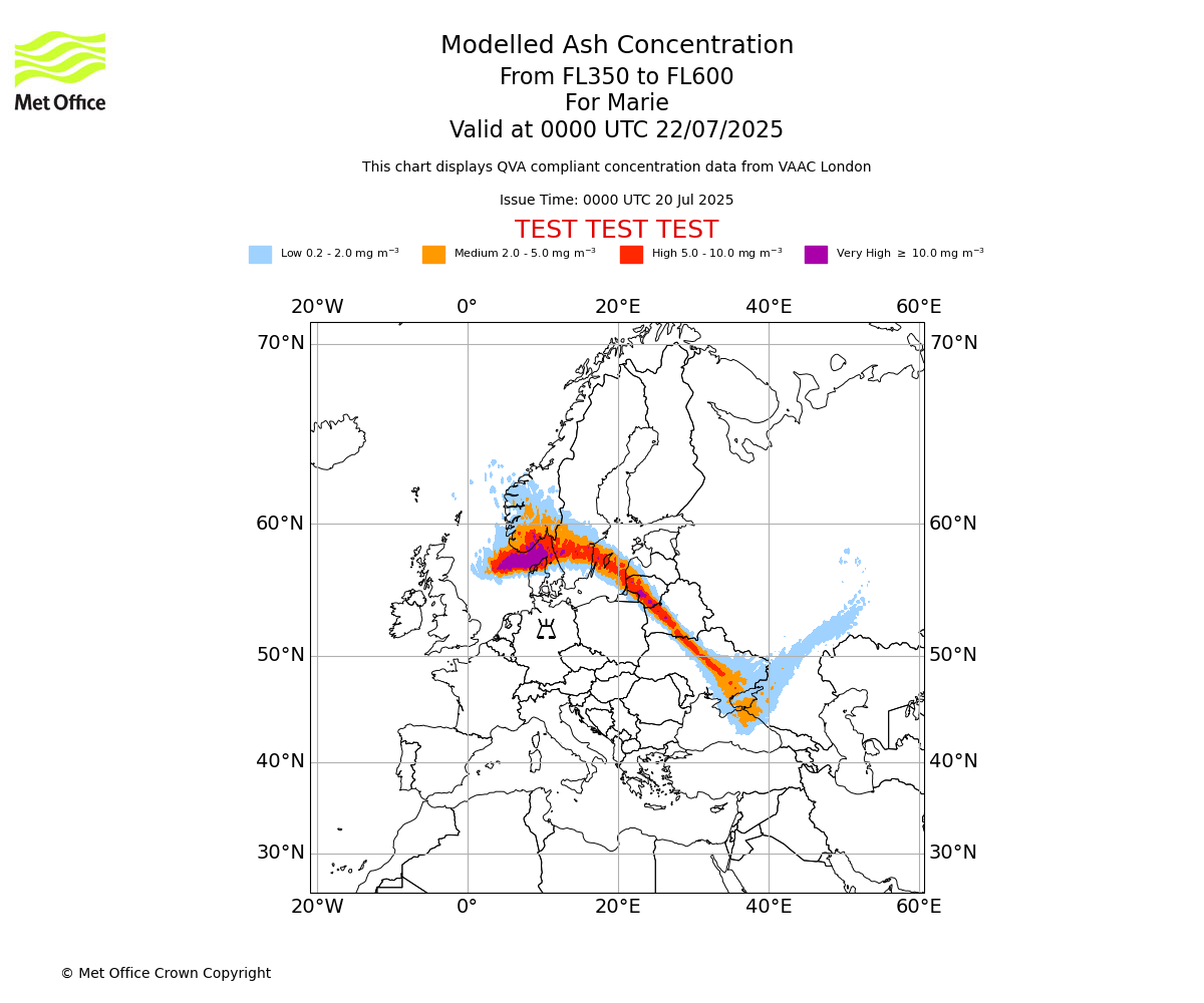 Modelled ash concentration from 350 to 600. Valid at 0000 UTC 22/07/2025