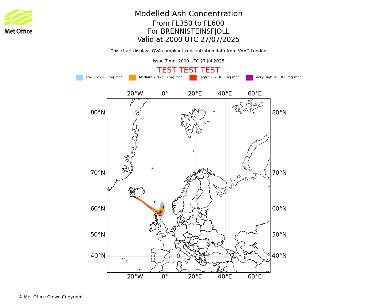 Modelled ash concentration from 350 to 600 for BRENNISTEINSFJOLL. Valid at 2000 UTC 27/07/2025