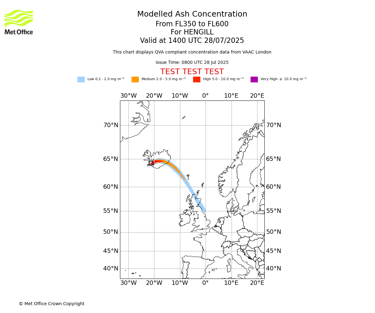 Modelled ash concentration from 350 to 600 for HENGILL. Valid at 1400 UTC 28/07/2025