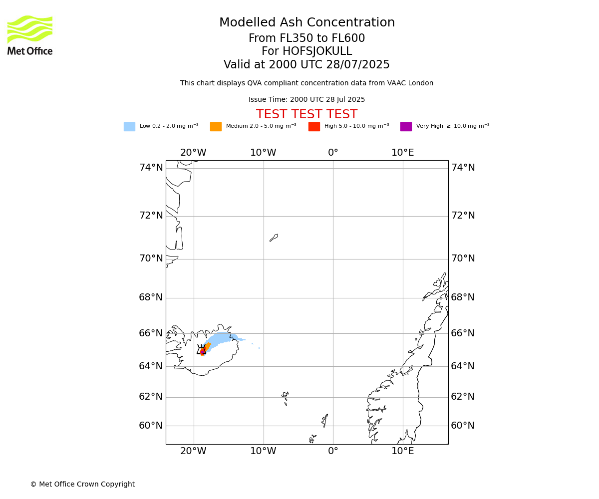 Modelled ash concentration from 350 to 600 for HOFSJOKULL. Valid at 2000 UTC 28/07/2025