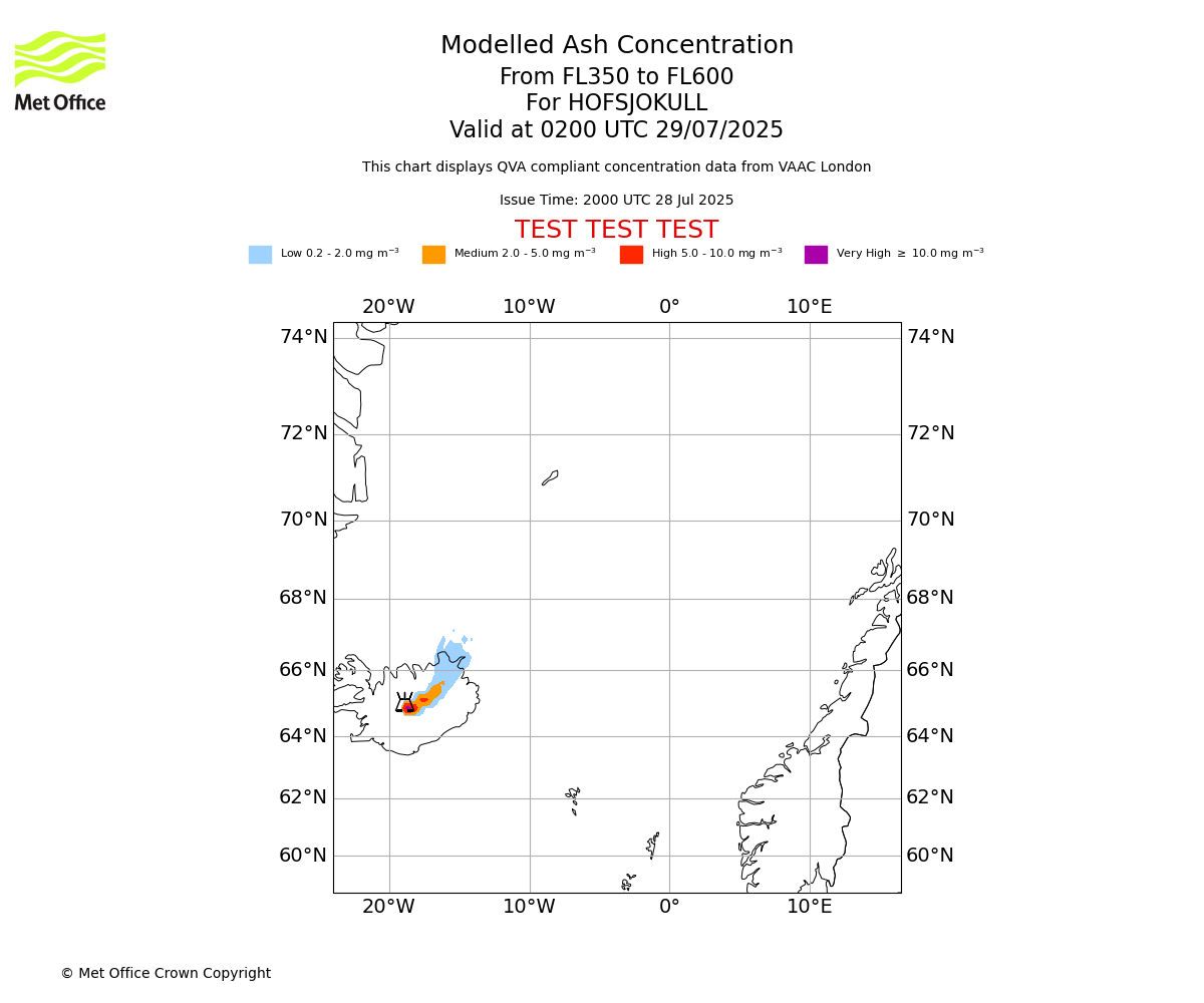 Modelled ash concentration from 350 to 600 for HOFSJOKULL. Valid at 0200 UTC 29/07/2025
