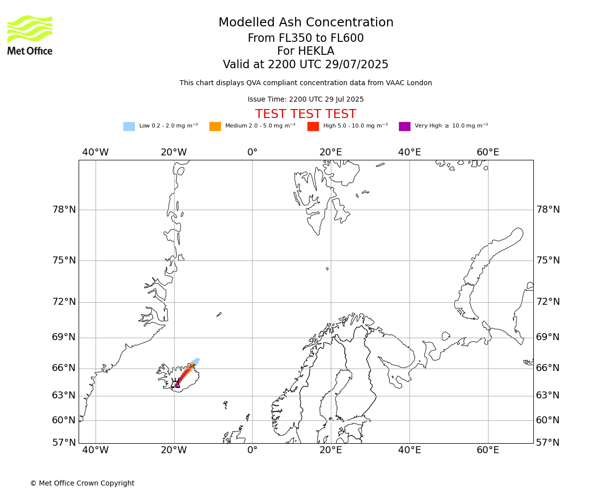 Modelled ash concentration from 350 to 600 for HEKLA. Valid at 2200 UTC 29/07/2025