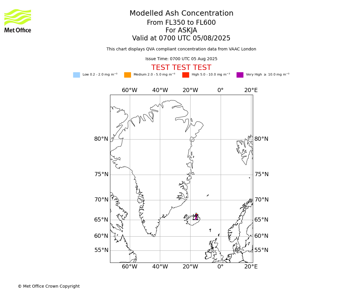 Modelled ash concentration from 350 to 600 for ASKJA. Valid at 0700 UTC 05/08/2025