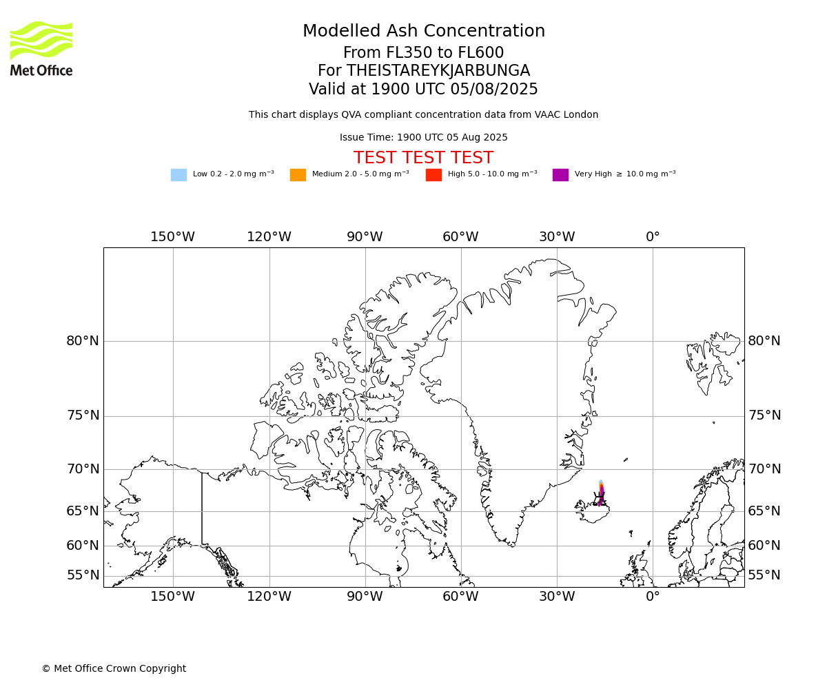 Modelled ash concentration from 350 to 600 for THEISTAREYKJARBUNGA. Valid at 1900 UTC 05/08/2025