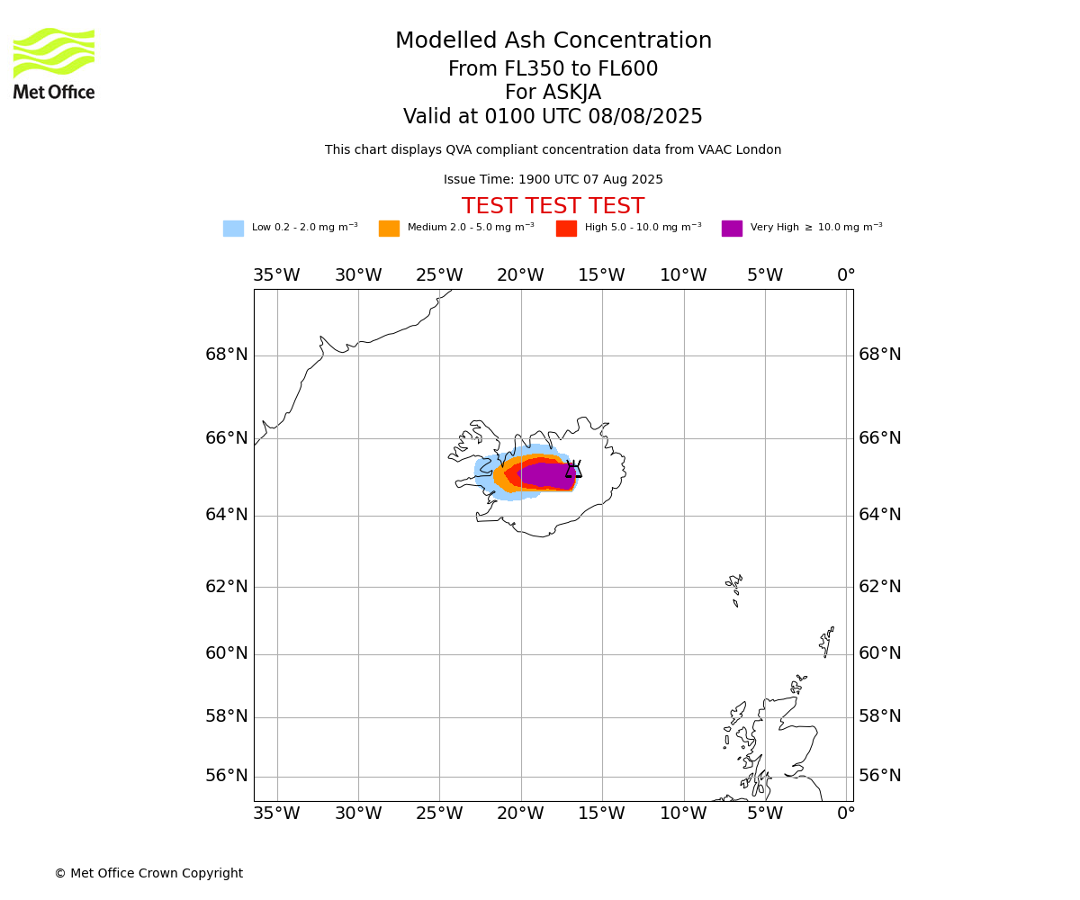 Modelled ash concentration from 350 to 600 for ASKJA. Valid at 0100 UTC 08/08/2025