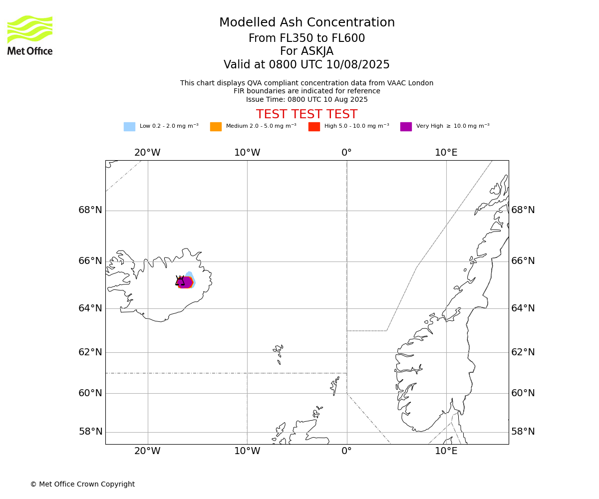 Modelled ash concentration from 350 to 600 for ASKJA. Valid at 0800 UTC 10/08/2025