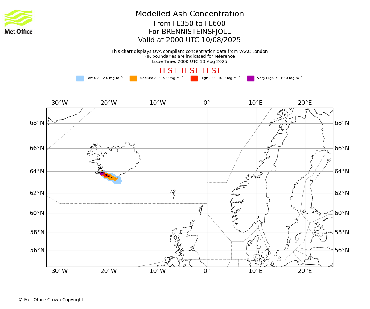 Modelled ash concentration from 350 to 600 for BRENNISTEINSFJOLL. Valid at 2000 UTC 10/08/2025