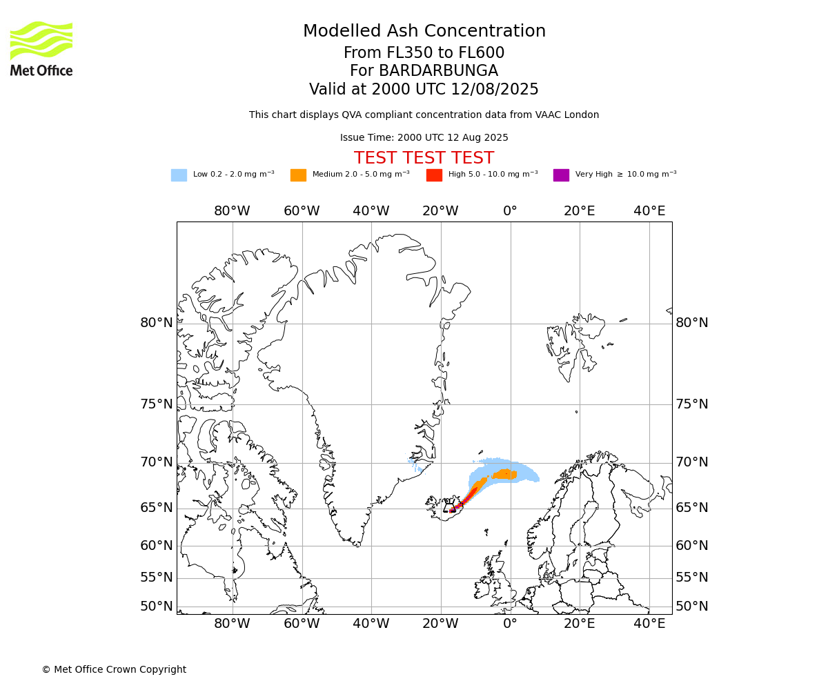 Modelled ash concentration from 350 to 600 for BARDARBUNGA. Valid at 2000 UTC 12/08/2025