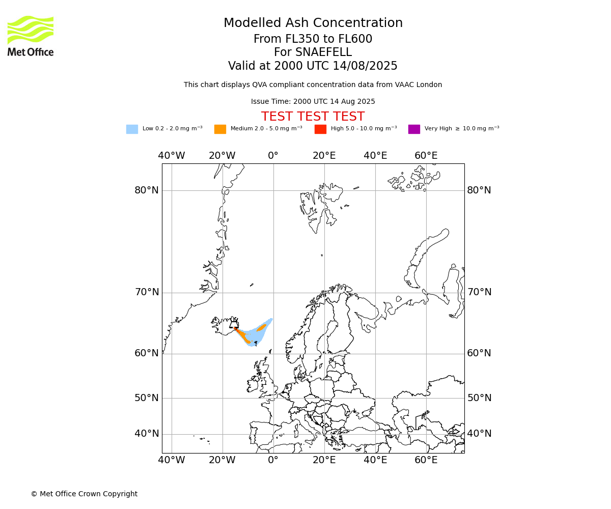 Modelled ash concentration from 350 to 600 for SNAEFELL. Valid at 2000 UTC 14/08/2025