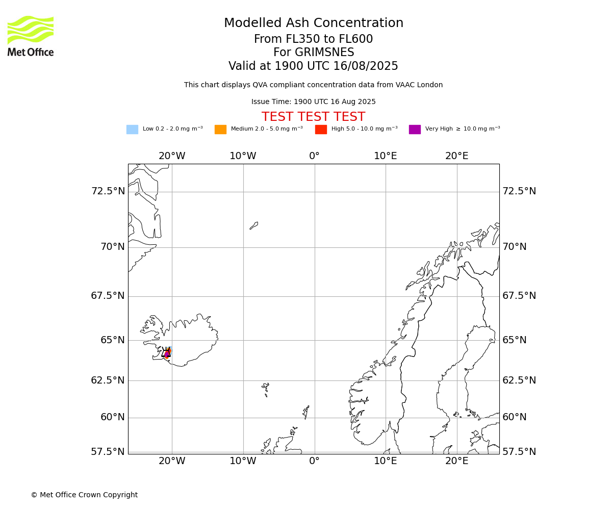 Modelled ash concentration from 350 to 600 for GRIMSNES. Valid at 1900 UTC 16/08/2025