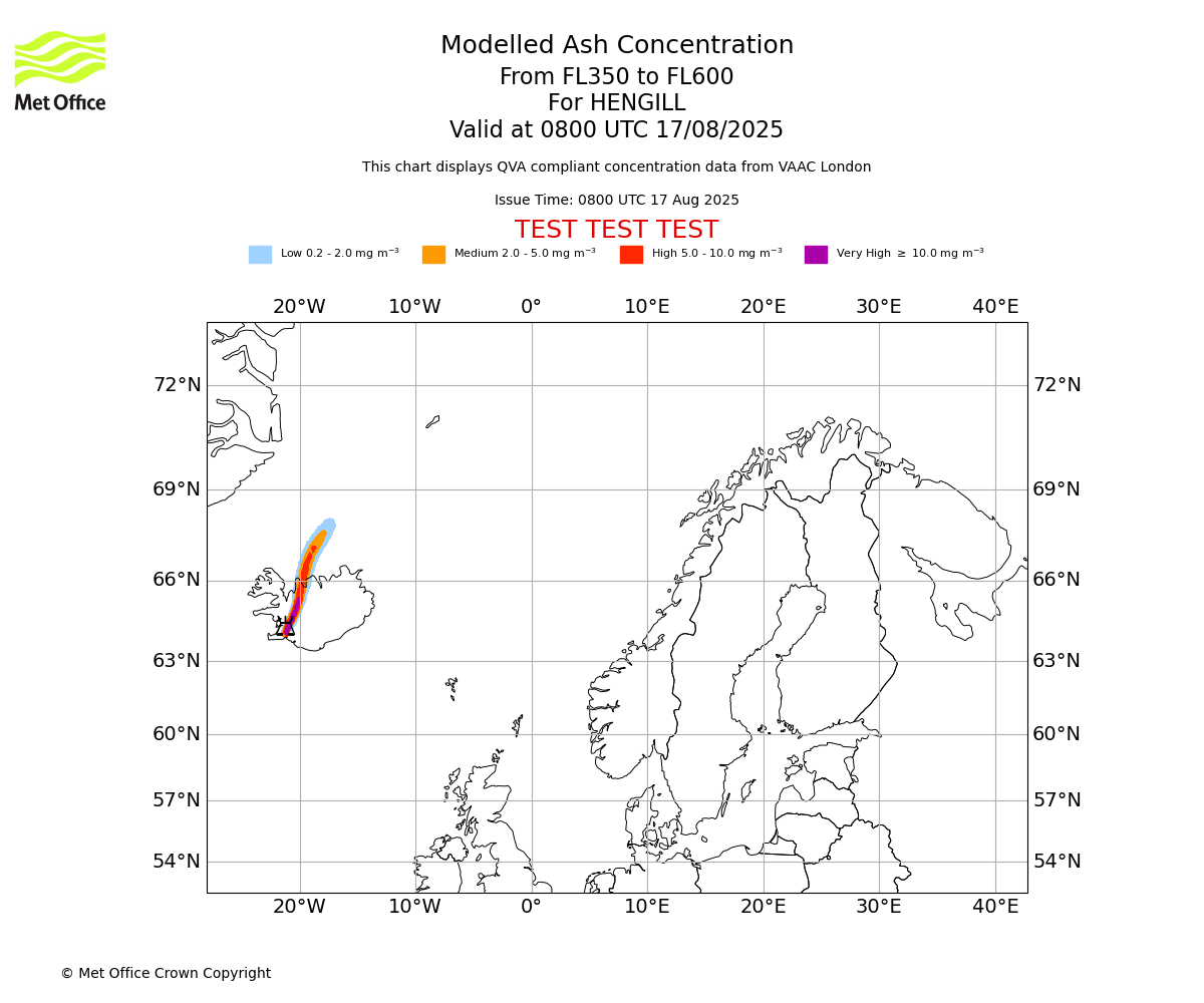 Modelled ash concentration from 350 to 600 for HENGILL. Valid at 0800 UTC 17/08/2025