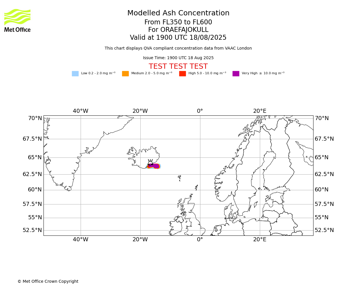 Modelled ash concentration from 350 to 600 for ORAEFAJOKULL. Valid at 1900 UTC 18/08/2025
