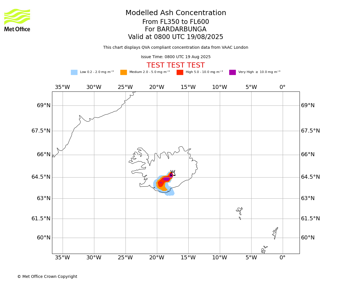 Modelled ash concentration from 350 to 600 for BARDARBUNGA. Valid at 0800 UTC 19/08/2025