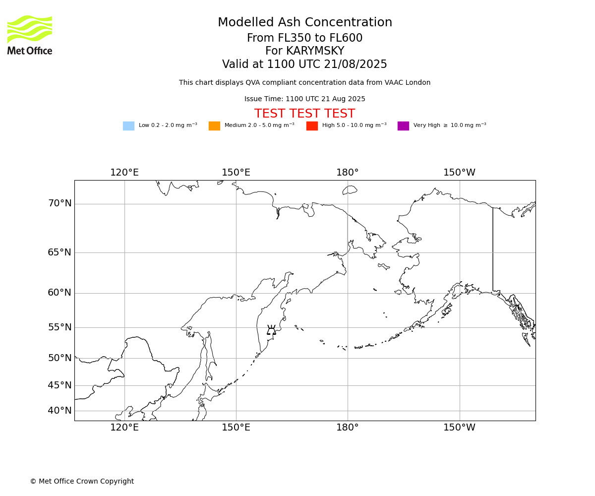 Modelled ash concentration from 350 to 600 for KARYMSKY. Valid at 1100 UTC 21/08/2025