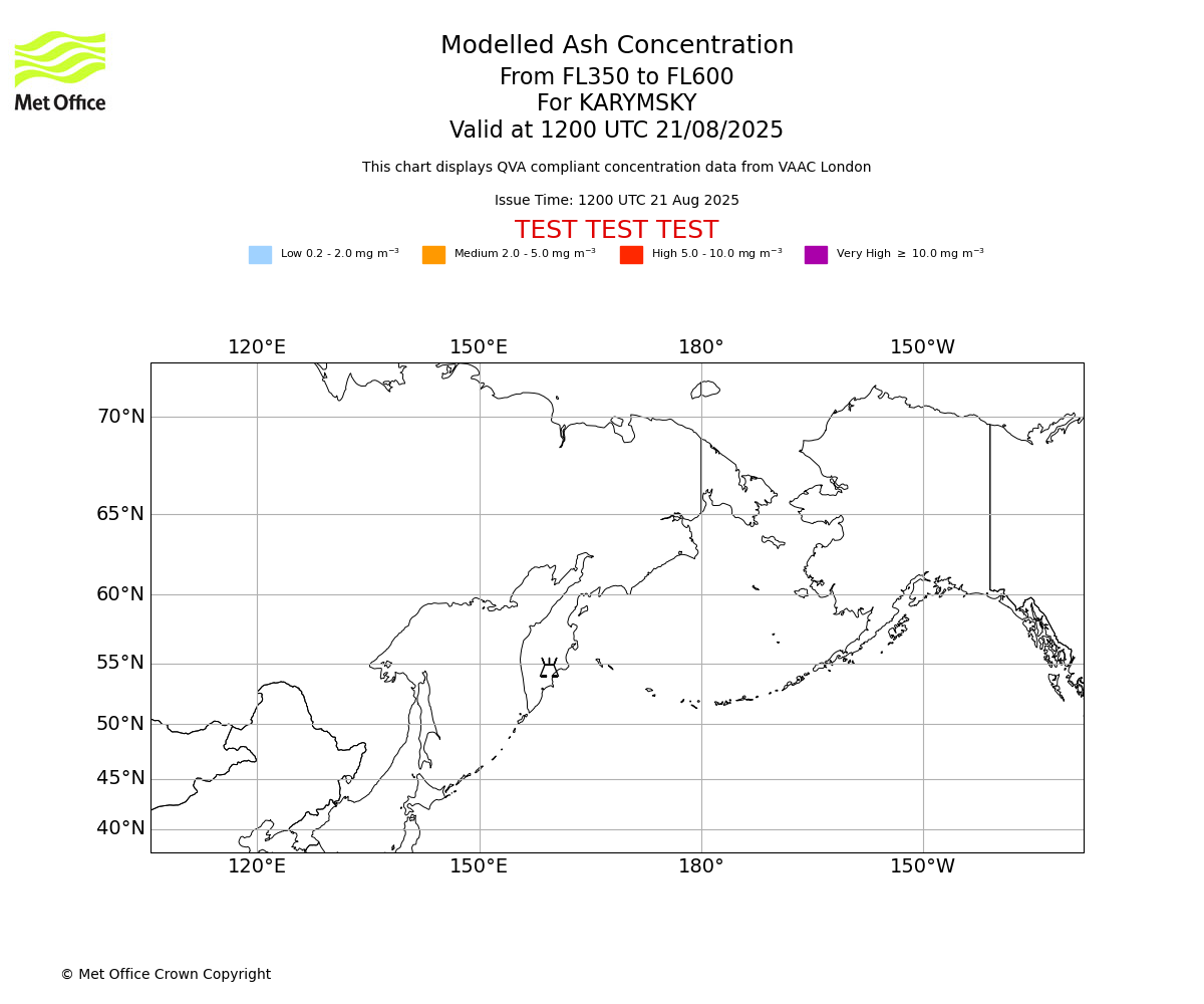 Modelled ash concentration from 350 to 600 for KARYMSKY. Valid at 1200 UTC 21/08/2025