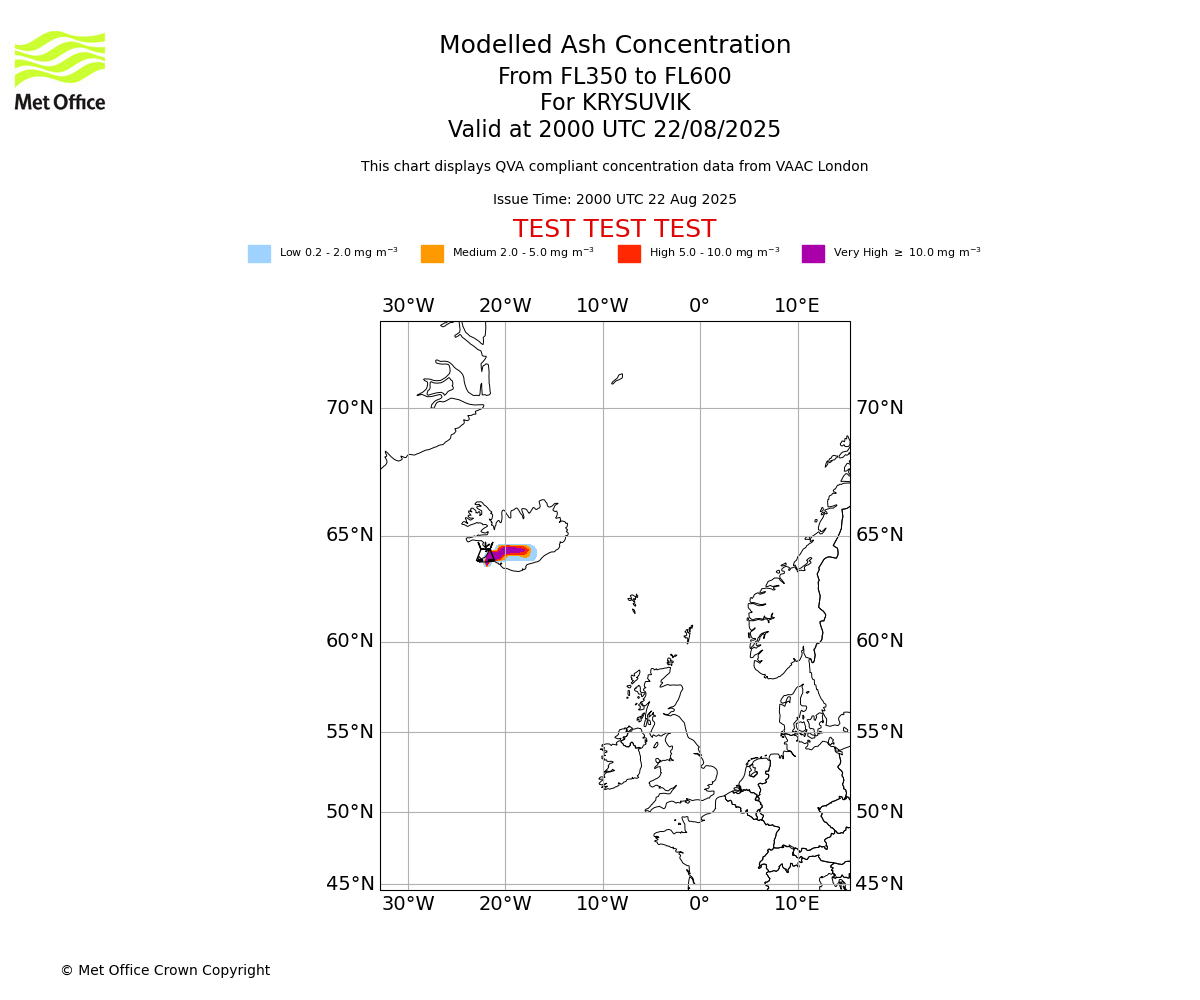 Modelled ash concentration from 350 to 600 for KRYSUVIK. Valid at 2000 UTC 22/08/2025