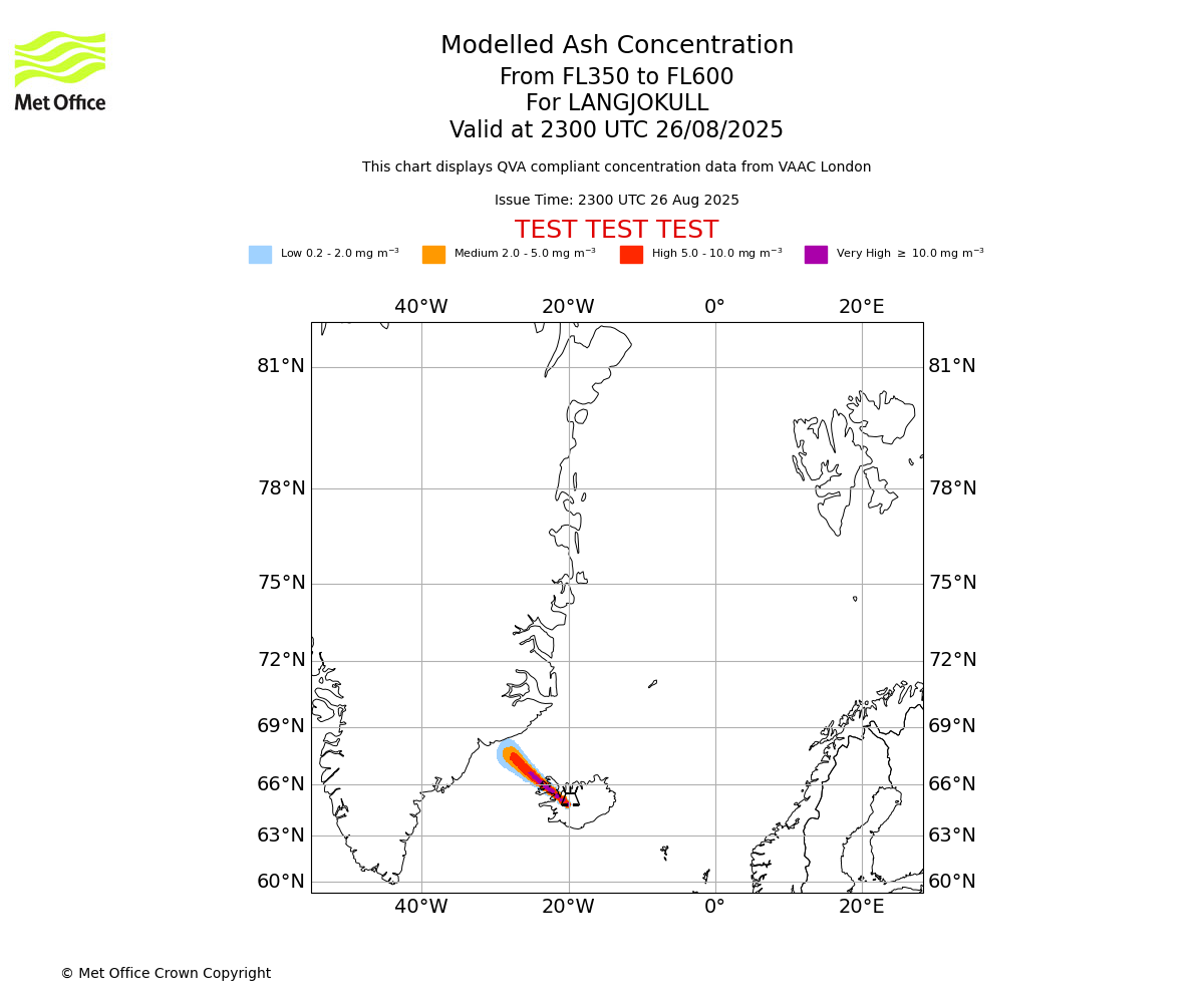 Modelled ash concentration from 350 to 600 for LANGJOKULL. Valid at 2300 UTC 26/08/2025