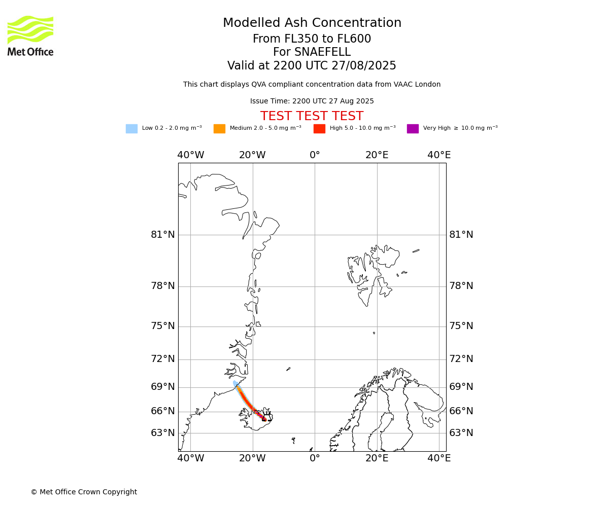 Modelled ash concentration from 350 to 600 for SNAEFELL. Valid at 2200 UTC 27/08/2025