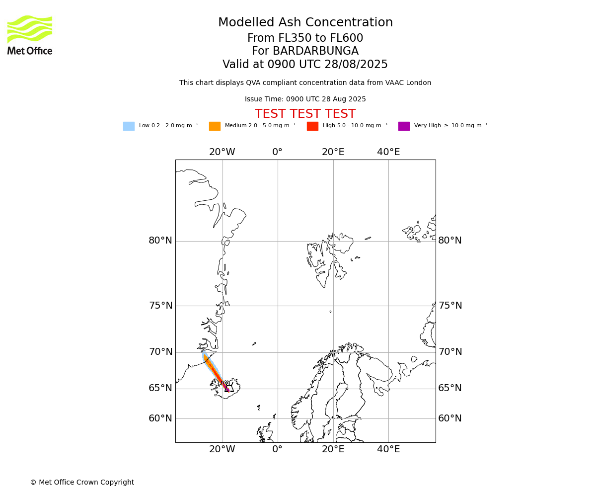 Modelled ash concentration from 350 to 600 for BARDARBUNGA. Valid at 0900 UTC 28/08/2025