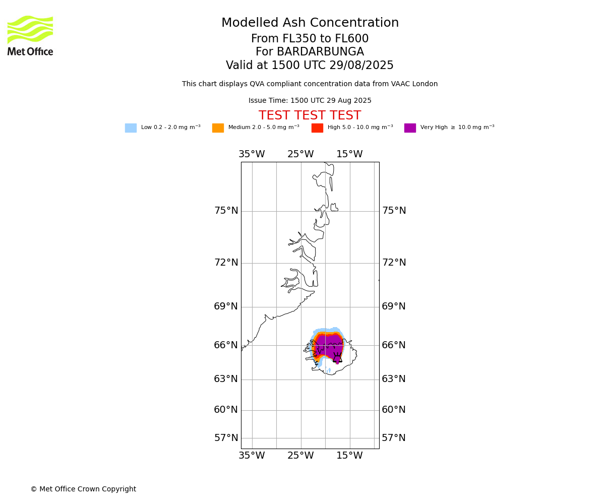 Modelled ash concentration from 350 to 600 for BARDARBUNGA. Valid at 1500 UTC 29/08/2025
