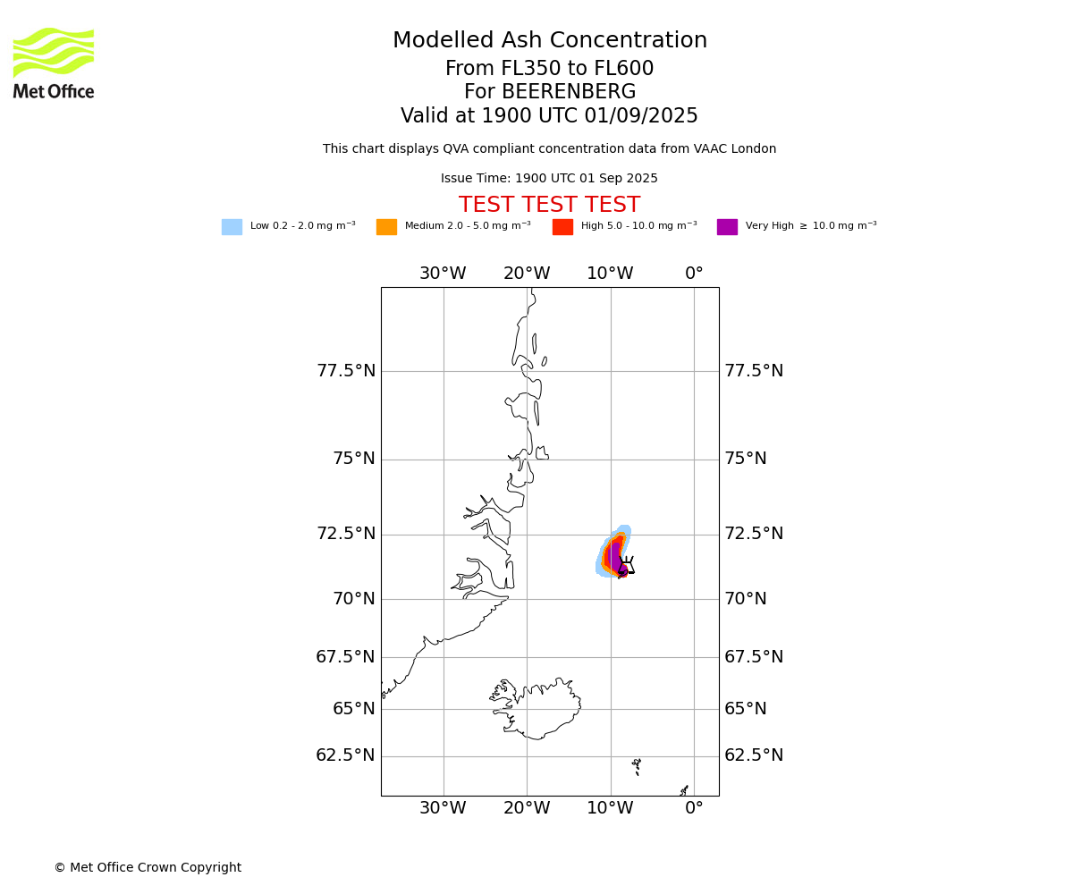 Modelled ash concentration from 350 to 600 for BEERENBERG. Valid at 1900 UTC 01/09/2025
