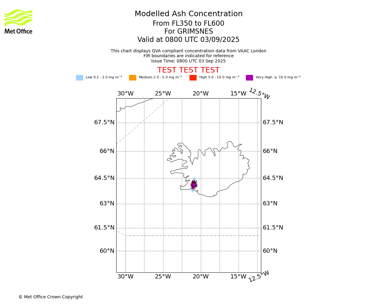 Modelled ash concentration from 350 to 600 for GRIMSNES. Valid at 0800 UTC 03/09/2025