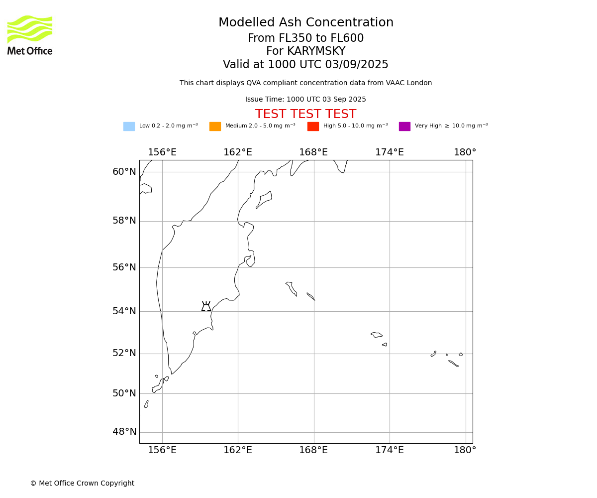 Modelled ash concentration from 350 to 600 for KARYMSKY. Valid at 1000 UTC 03/09/2025