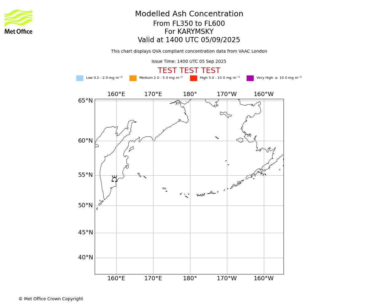 Modelled ash concentration from 350 to 600 for KARYMSKY. Valid at 1400 UTC 05/09/2025